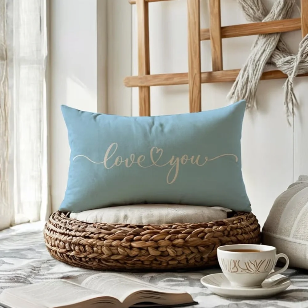 Love You Script Decorative Accent Pillow Cover - Light Blue/ leaning turquoisey